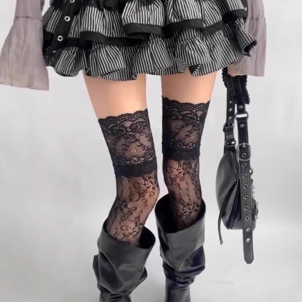 Personalized Floral Lace Trim Stockings Elastic Breathable Thigh High Long Socks Mesh Thin Fishnet Stockings Girl