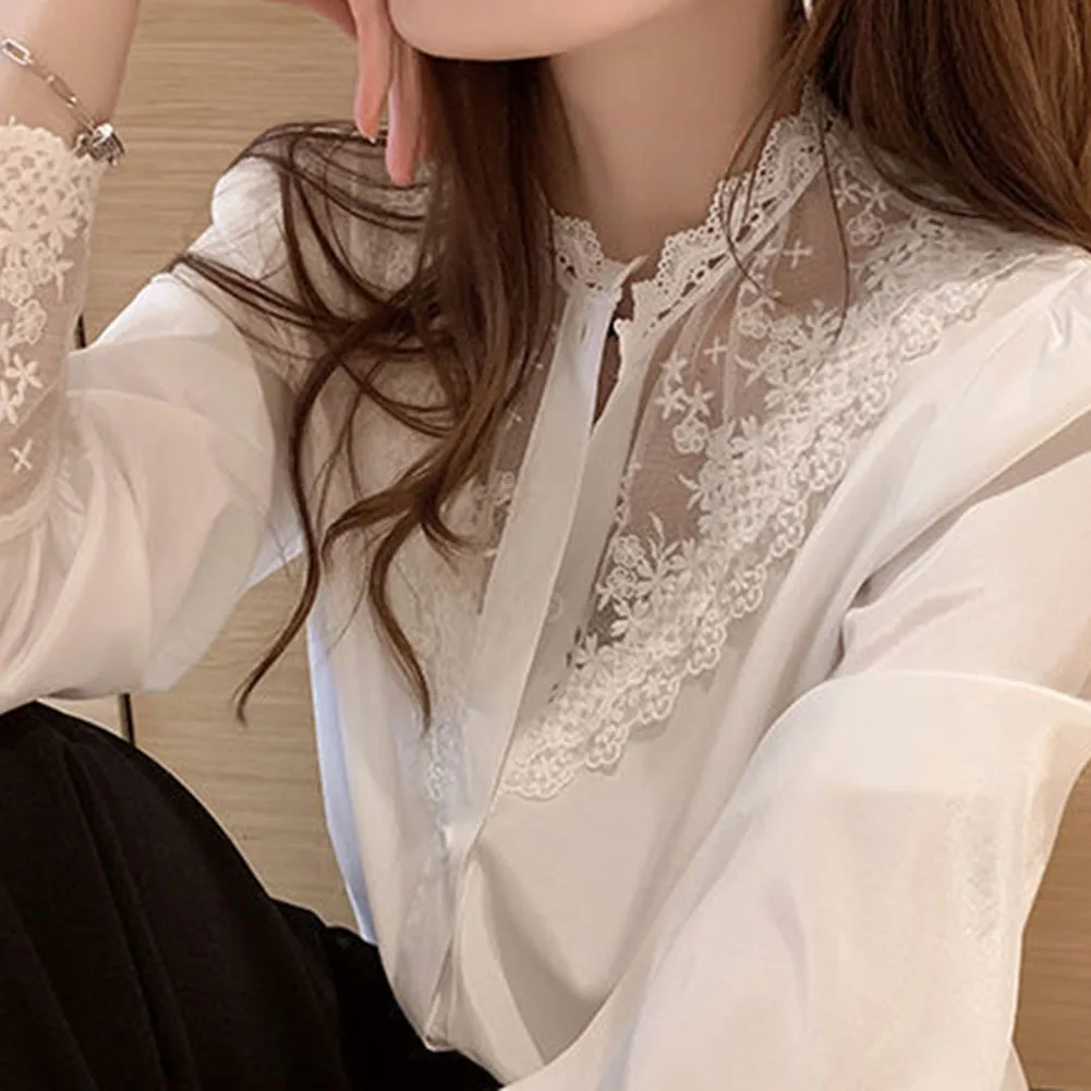 Solid Loose Fit Long Sleeve Lace Chiffon Patchwork Shirt Tops for Women Suitable for Transitional Weather Dressing