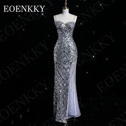 Elegant Evening Dresses For Women Luxury Mermaid Sequin Sexy Party Dress Floor Length Silver فساتين سهره سعوديه Spaghetti Straps