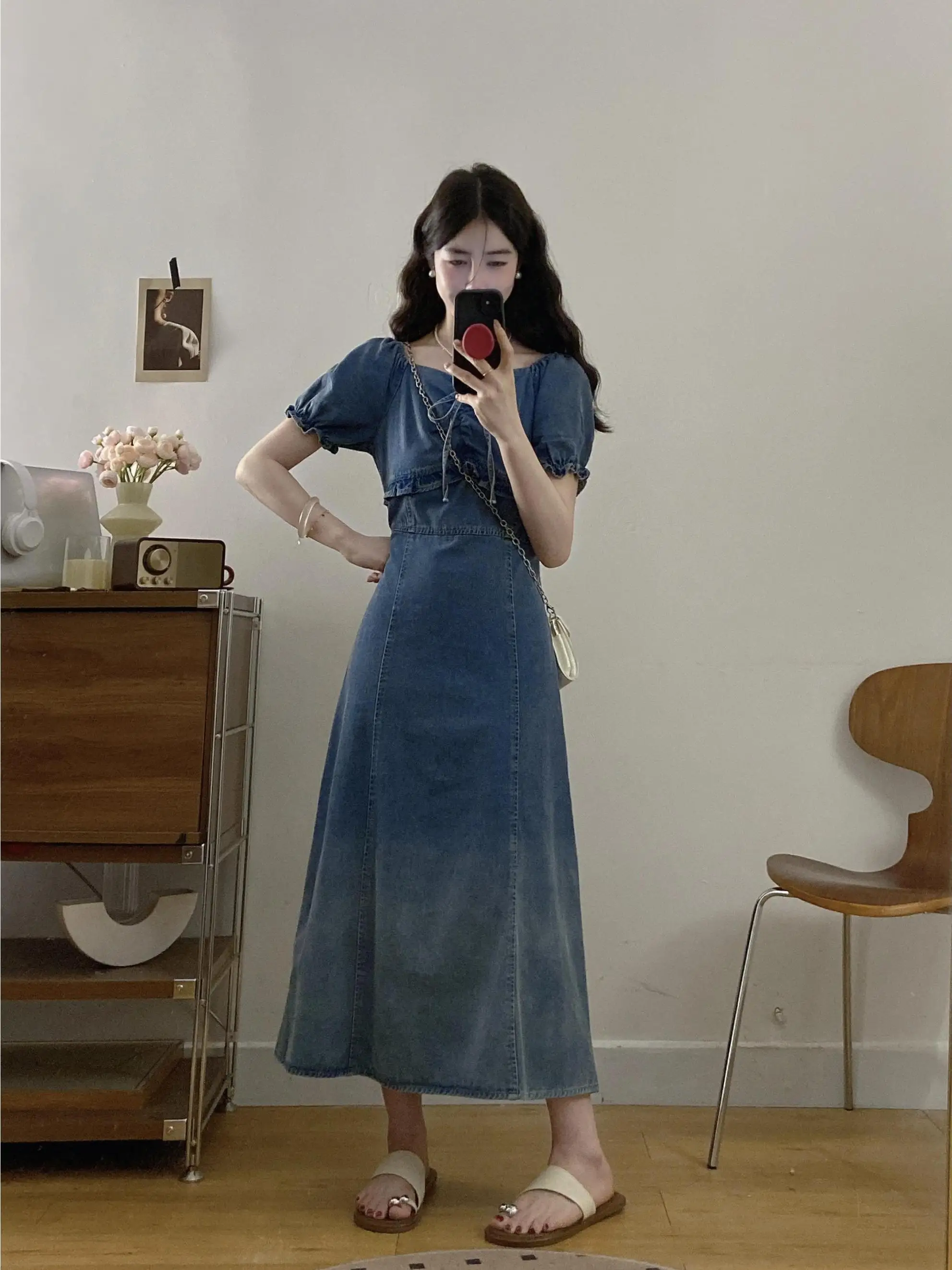 plus Size adient Denim Dr Coreano Sle Gonna a trapezio Vita snellente Design Quadrato Ne ort Sve Long Dr