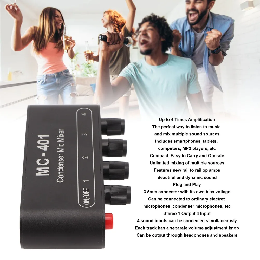 3.5mm Stereo 4 in 1 Out Mic Mixer Supports 4 Mics Multi Source Mixing Condenser Microphone Mixer Portable