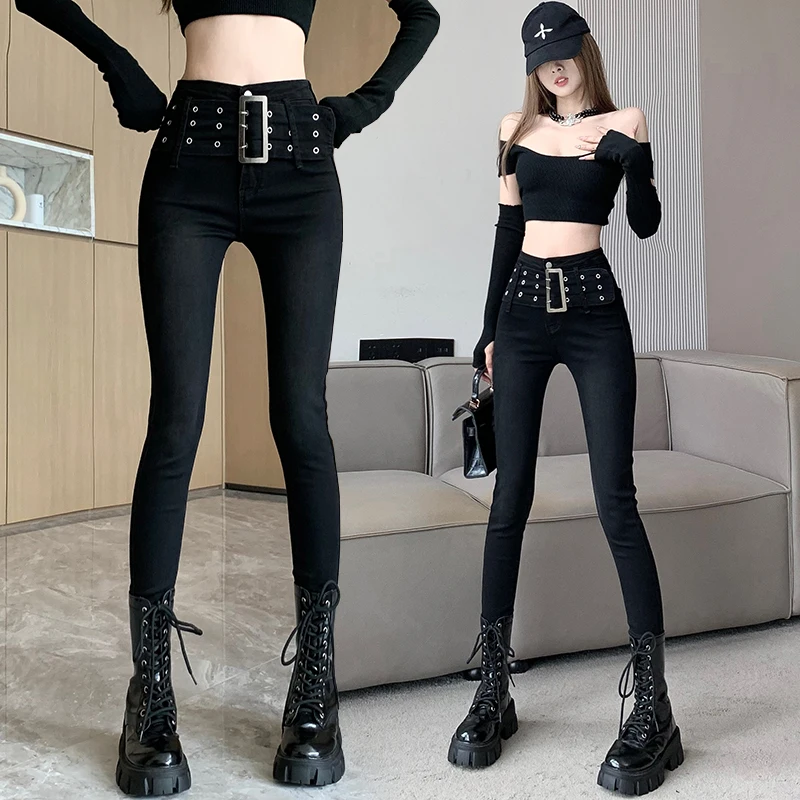 

High Waist Wide Belt Women's Jeans Bla Slimming Tight Fit Ankle-Length Pants Spring Autumn Season Regular Thin