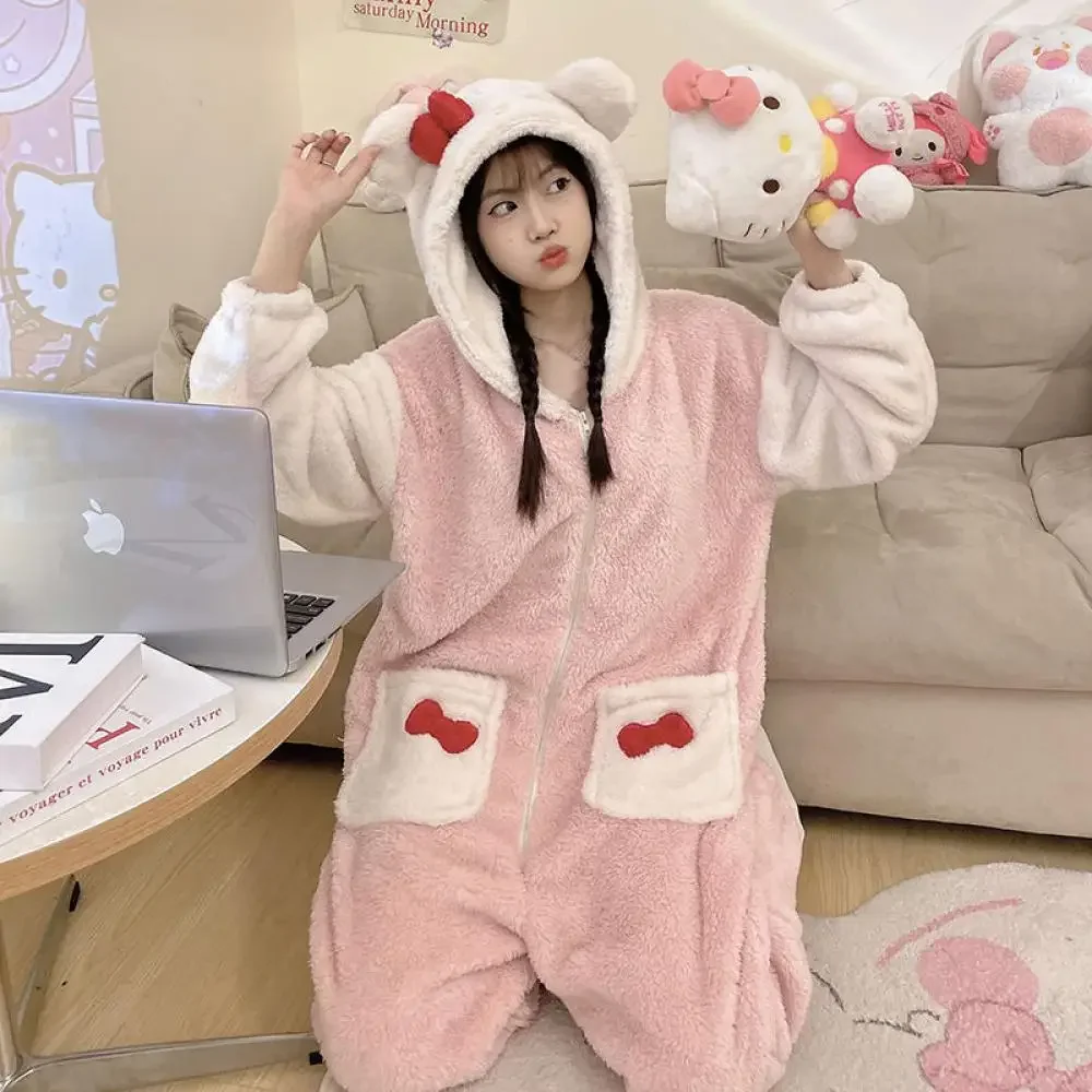 Cartoon Hello Kitty Women Piece Pajamas Sanrioed Anime Kawaii Jumpsuit Pajamas Thicken Coral Fleece Winter Homewear Cute Girls