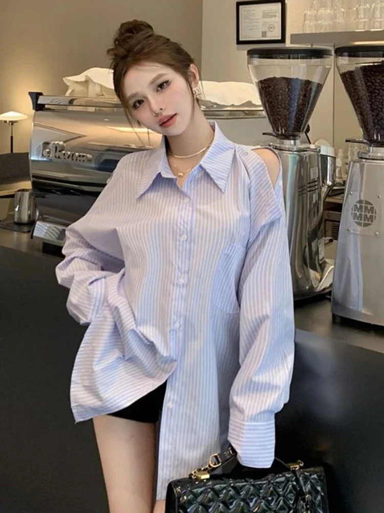 

Hollow Out Striped Shirt Women Casual Korean Loose Long Sleeve Blouse Vintage Female Sexy Off Shoulder Elegant Tops Spring