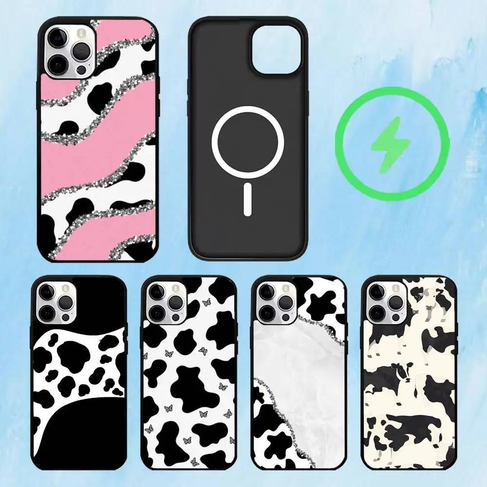 

B-Black White C-Cow print Phone Case For iPhone17,16,15,14,13,12,11 Plus,Pro Max Magnetic For Magsafe Wireless Charging