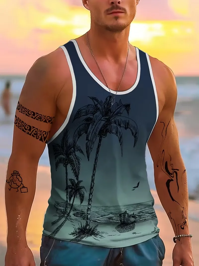 

Men's Hawaiian Style Tropical Beach Gradient Coconut Tree 3D Print Sleeveless Tank Top Gym Vacation Casual Sports Men's clothes