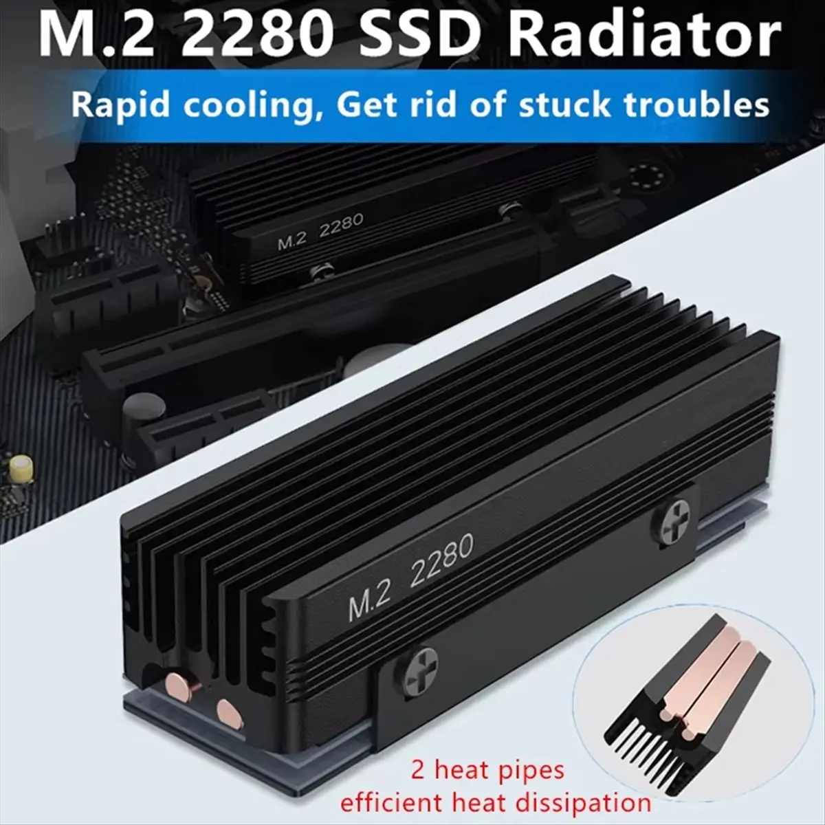 (ABGQ) M.2 2280 SSD Heatsink with 14.8W/MK Thermal Pad 2 Heat Pipes M.2 SSD Radiator for M.2 NVMe 2280 SSD Cooler Silver Grey