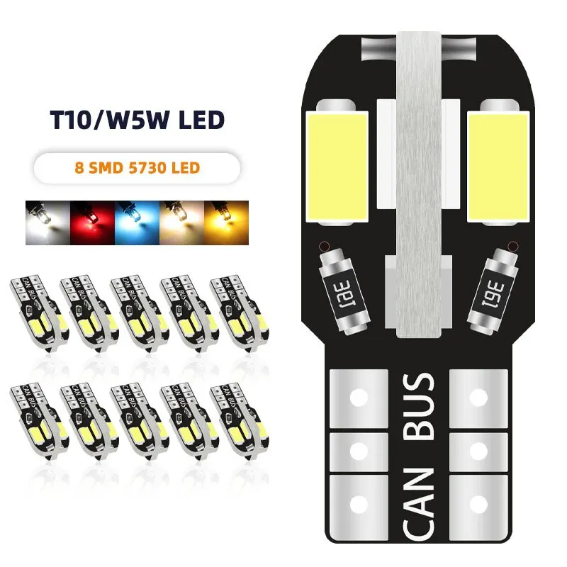 10PCS T10 Led W5W 5730 8SMD Car Interior Lights 168 194 LED Bulb For Car Lamps Car Side Bulbs Car License Plate Lamps