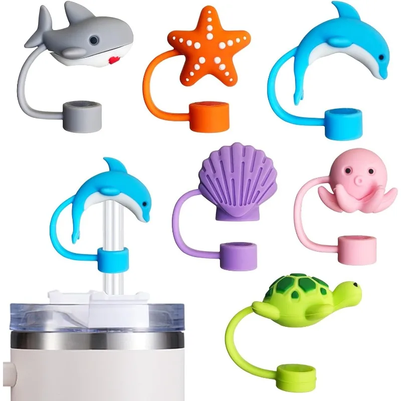 

6PCS, Silicone Sea Animal Straw Topper 30&40 Oz Tumbler with Handle, 10mm 0.4 in Dust-Proof Reusable Lids. (Color 4)