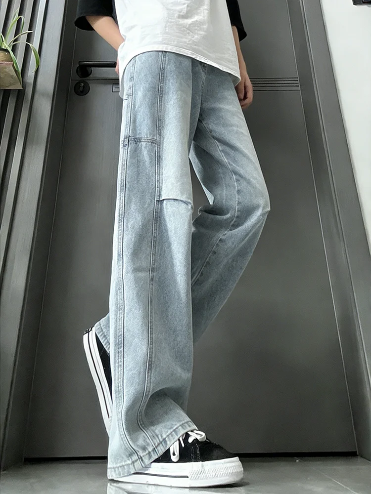 

Light Blue Men's Straight Leg Jeans Knife Wide Leg Workwear Trousers American High Street Style Structured Design Washed...