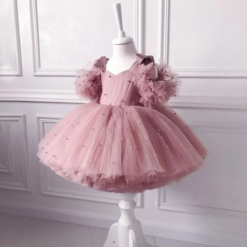 Baby Girls Bow Sling Mesh Dresses Infant Girls Children Pearl Formal Vestidos Party Wedding Birthday for 1-5Years Kids Clothes