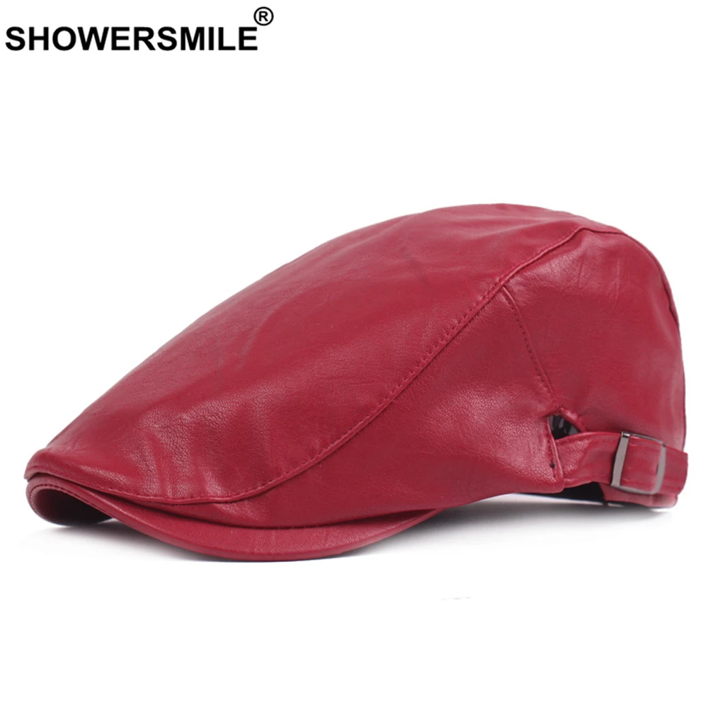 SHOWERSMILE Winter Hat PU Leather Red Mens Beret Retro Casual Warm Autumn Winter Male Solid Brand Adjustable Flat Cap