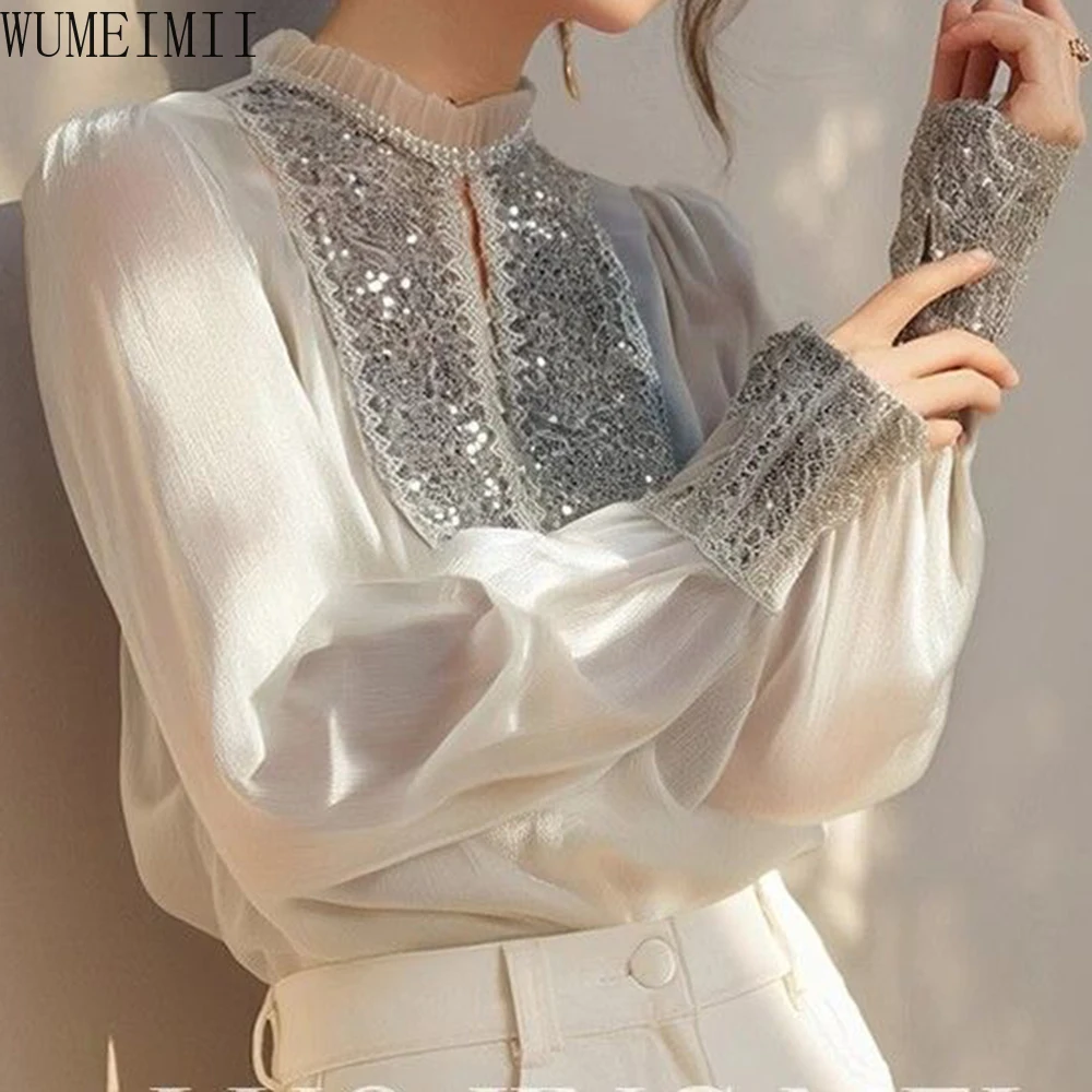 sequined shirt women's high-end sense of light luxury  2025 spring new design sense slim top  blusa mujer
