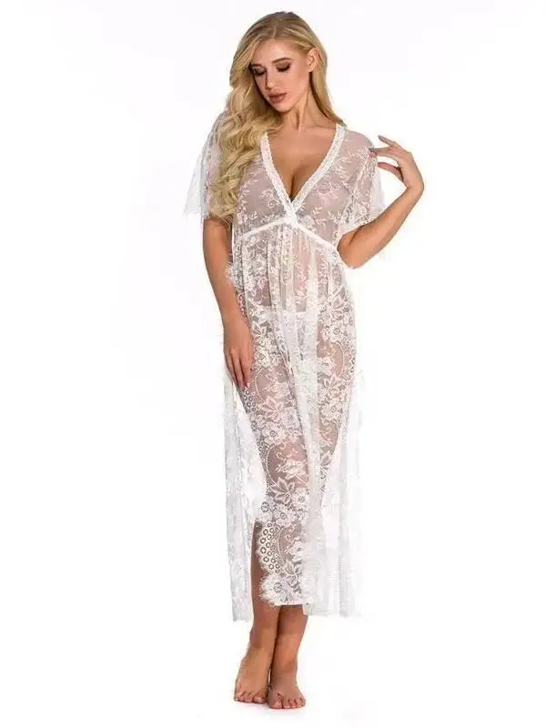 Conjunto de roupas de renda cama paixão longo feminino plus size sexy camisola erótica pequeno peito transparente cor sólida vestido elegante 8qhb