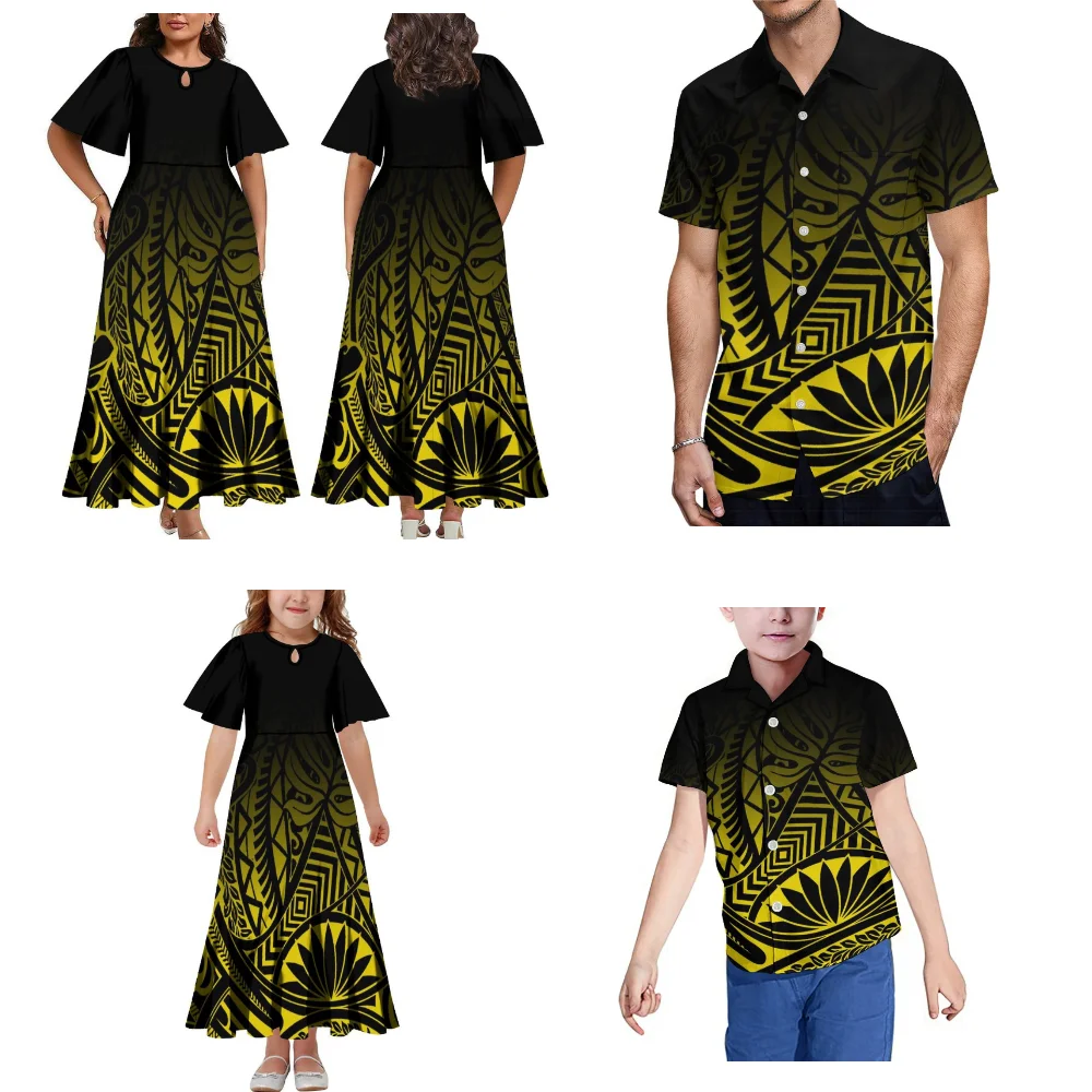 Tribal Print Polynesian Family Gathering Set Parent-Child clothing Mother Daughter Dress Father Son Shirt Pacific Islands