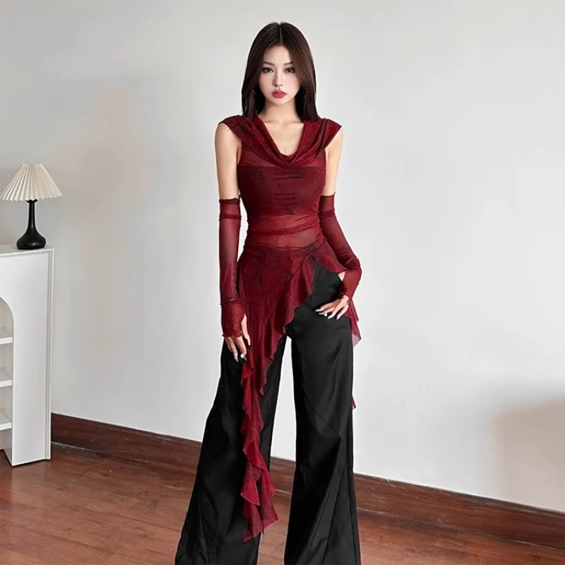 Vintage Gothic Mit Kapuze T Shirts Frauen Sexy Durchsichtig Schlank Y2K Tees Streetwear Harajuku mit Ärmeln Weibliche Unregelmäßige Tops – Detail 7