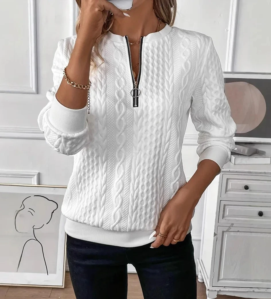 

New V-neck Zipper Fashionable Casual Solid Color Texture Long-sleeved Pullover Women's Out-of-street Style Pullover