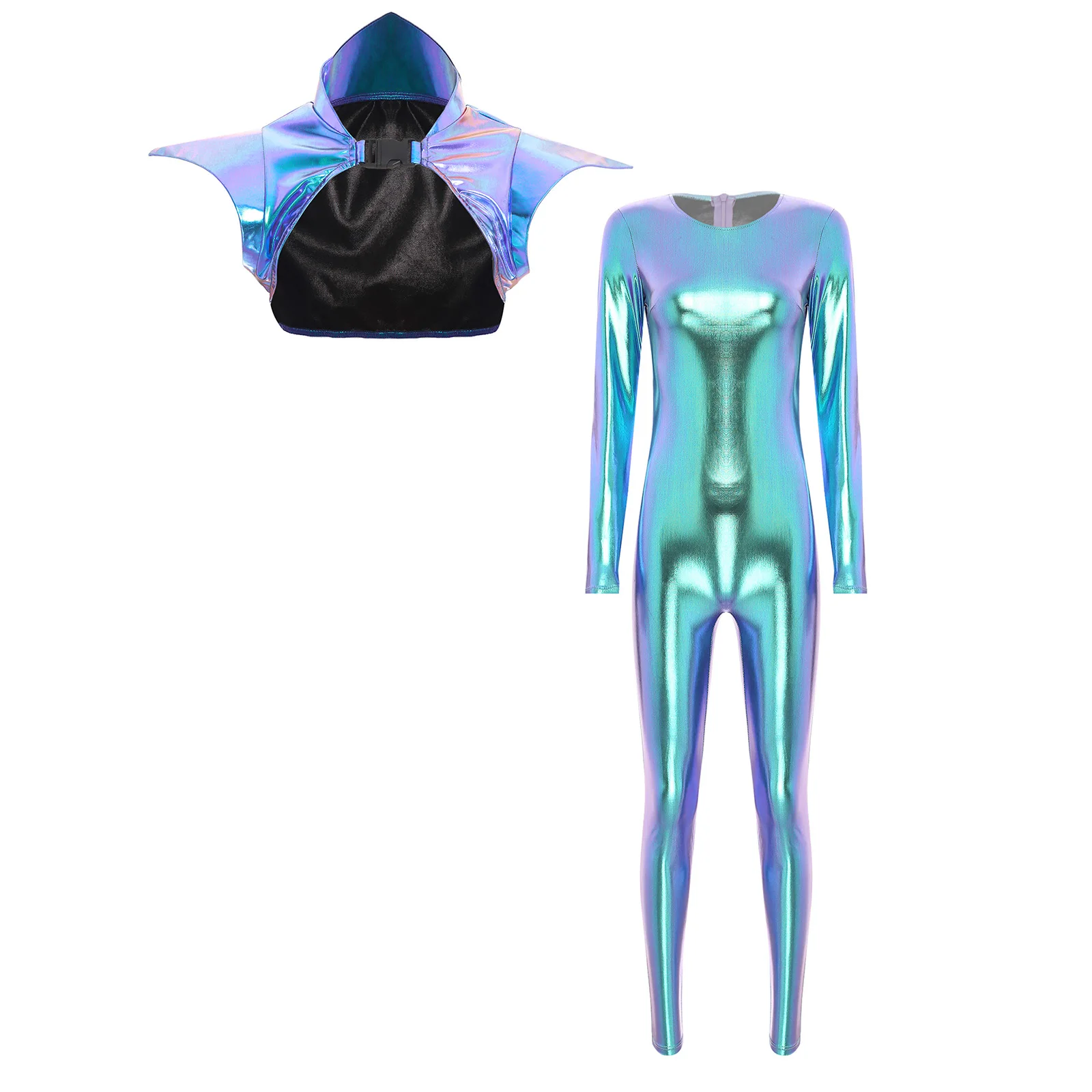 Womens Halloween Party Clubwear Female Metallic Shiny Long Sleeve Disco Jazz Dance Full Body Jumpsuit Unitard and Shoulder Armor