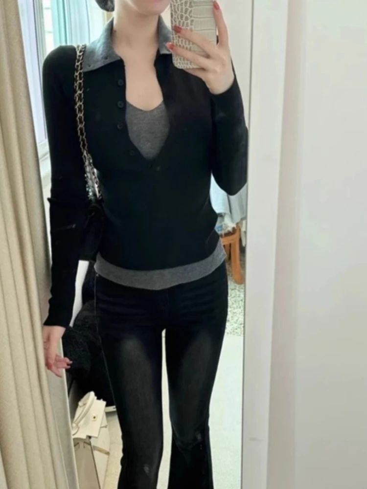 

Fashion Casual Fake Two Piece Bottoming Shirt for Women Y2k Slim Fit Long Sleeve Tops Mujer 2025 Early Autumn New Black T-shirts