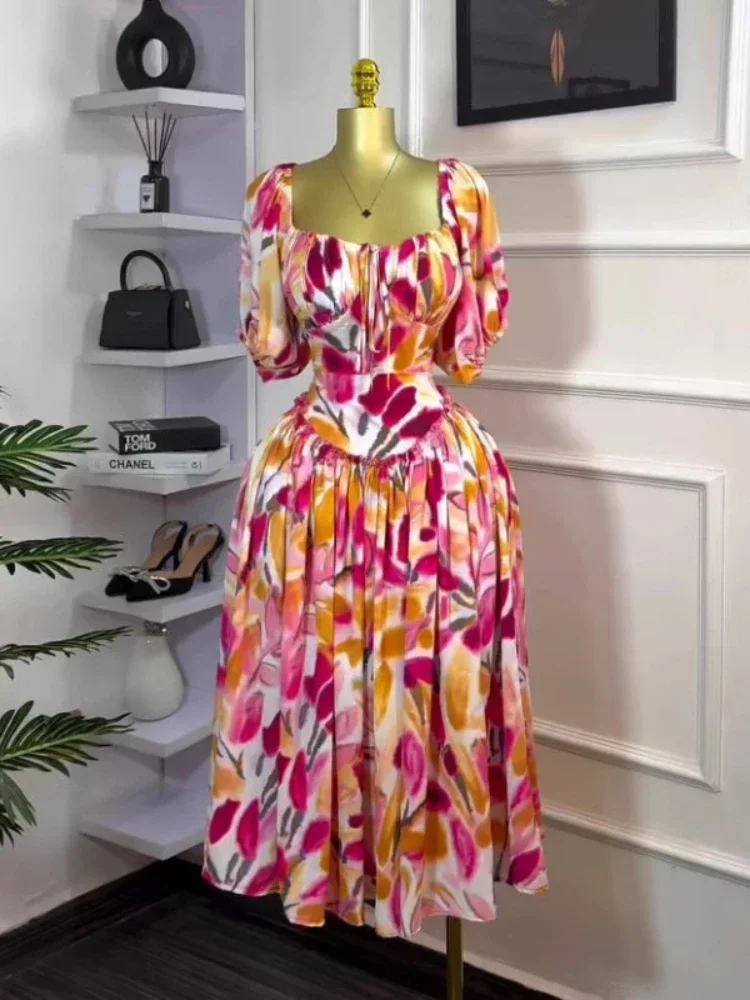 

2025 New African Clothes Women Outfits African Dresses for Women Summer Fashion African Short Sleeve Polyester Print Midi Dress