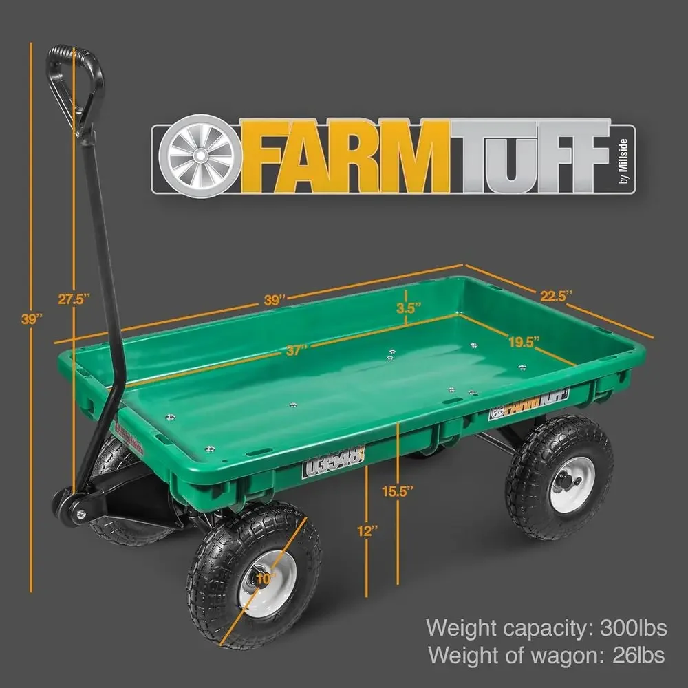 Sturdy Green Plastic Deck Garden Wagon - 38 x 20 Heavy-Duty Utility Cart with Pneumatic Tires, 300lb Capacity for Gardening and