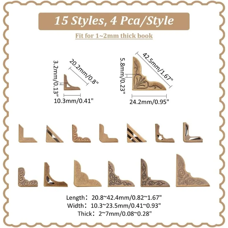Book Corners 60 pcs 15 Styles Iron Corner Protectors Guard Edge Cover Metal Cover Pad for Paperback Book Junk Journals Jewelry