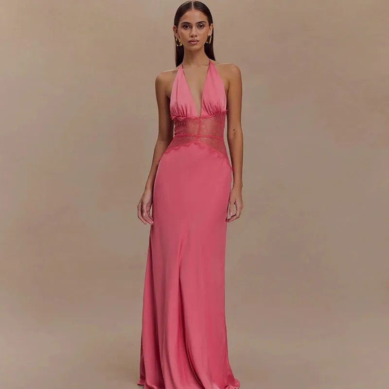 Apprabant Modische Kleider aus weichem Satin mit tiefem V-Ausschnitt, Spitze, Spleißen, hängender Hals, rückenfrei, schlankmachende Taille, sexy, gewickeltes Hüftkleid