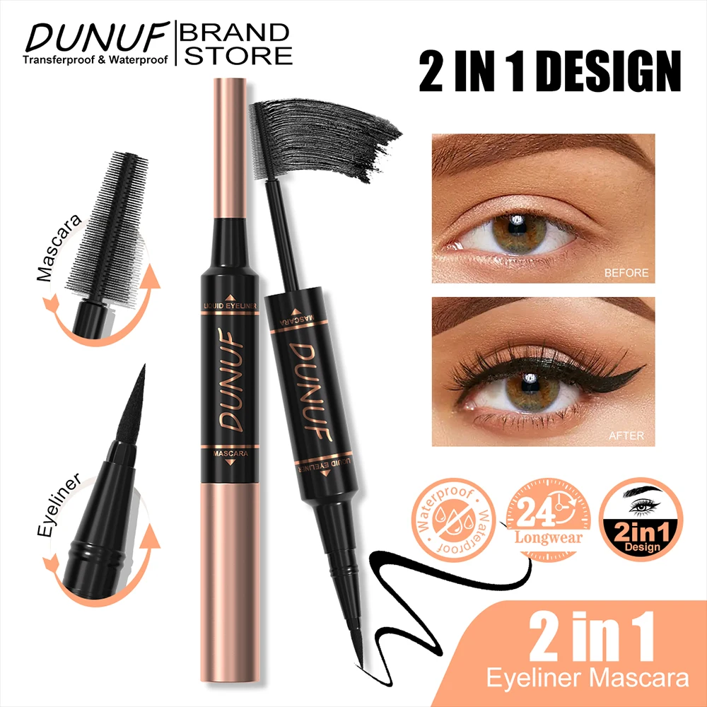 DUNUF ماسكارا مفردة + محدد عيون 2 في 1 محدد عيون طويل الأمد مقاوم للماء ومقاوم للعرق مع تجعيد طويل وحجم