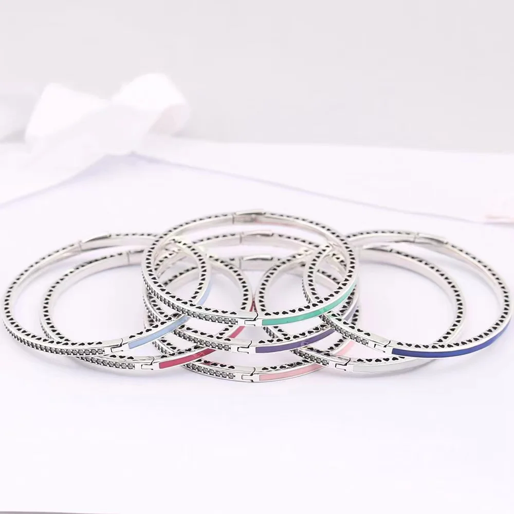 pan Sterling Silver Bracelet Women's 925 Sterling Silver Enamel Love Hollow Out Shining Buckle Bracelet