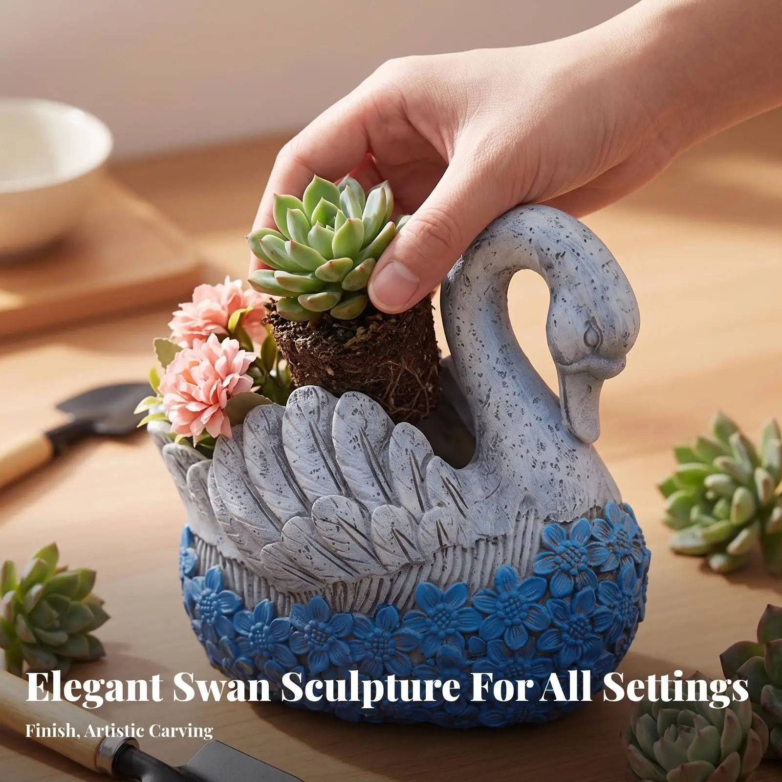 Artistic Swan Planter bicolor Painted Finish, Textured Floral Pattern, swanblossom Pot, for Tabletop