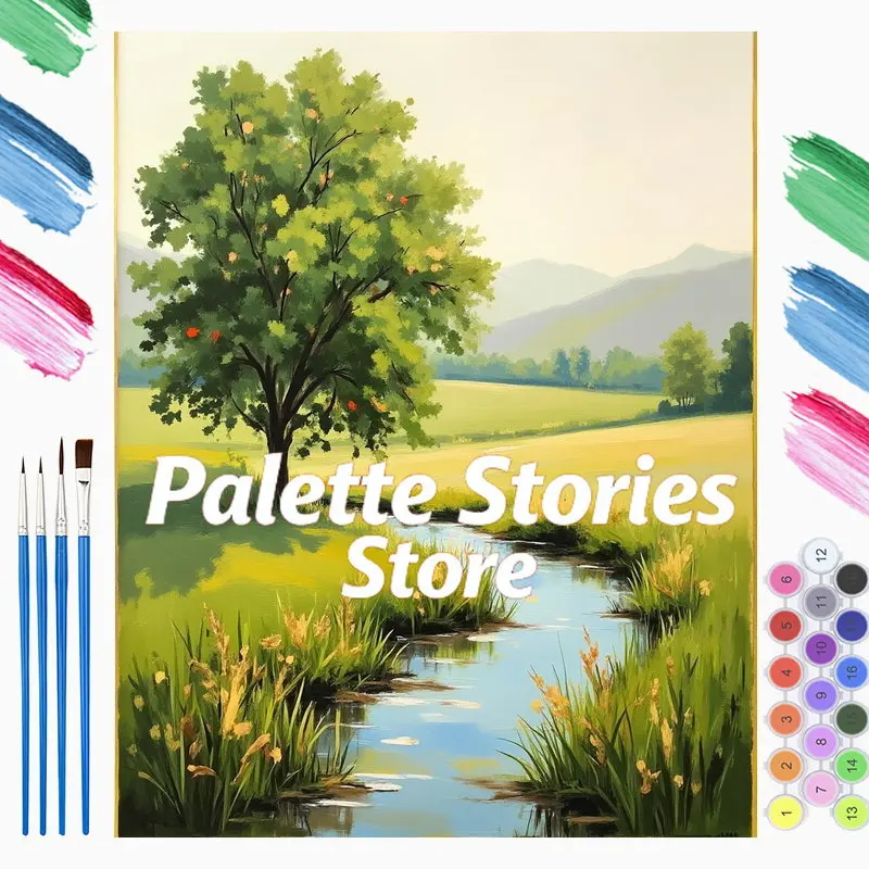 Kit de peinture par numéros sans cadre, 1 pièce, vert émeraude et accents dorés, paysage de sérénité estivale - Ruisseau tranquille et prairie luxuriante