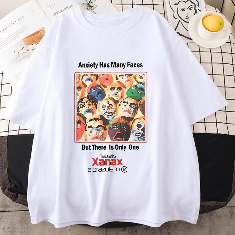 Neues Vintage Xanax Anxiety Faces Print T-Shirt für Damen und Herren, Sommer-T-Shirt, Harajuku, lässig, Rundhalsausschnitt, kurze Ärmel, neutrales Oberteil – Detail 5