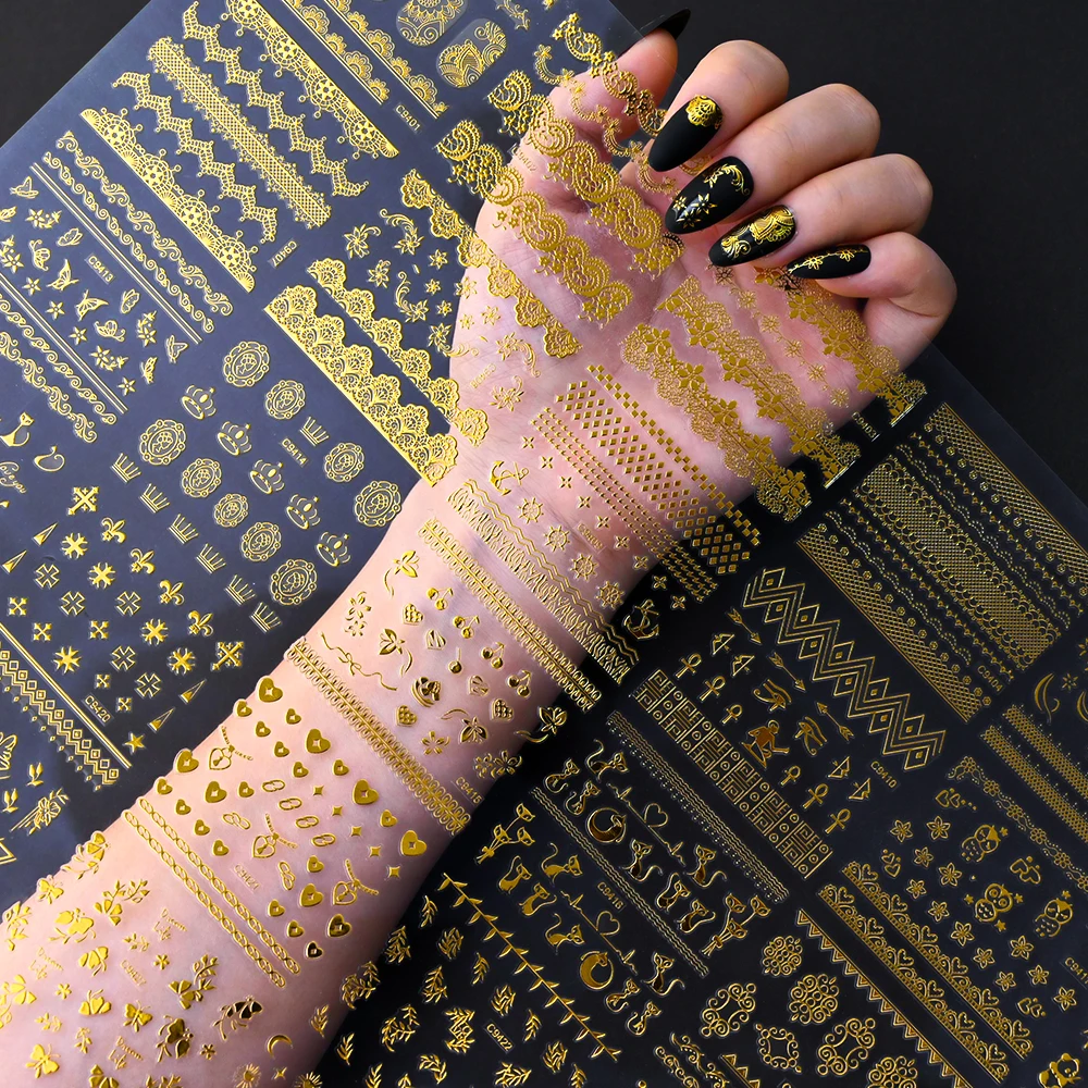 3d adesivos com flor dourada e rendas para decoração de unhas, decalque auto-adesivo, geometria, linha, para nail art, diy, 30pcs