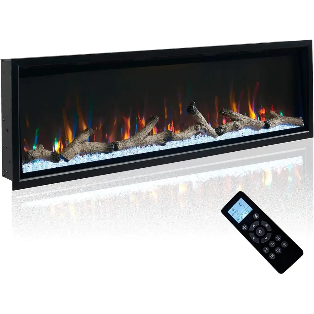 

50 Wall-Mounted Electric Fireplace with Hidden Air Vents, Recessed Design, 12x13x5 Flame, Black with Remote, Logs & Crystals
