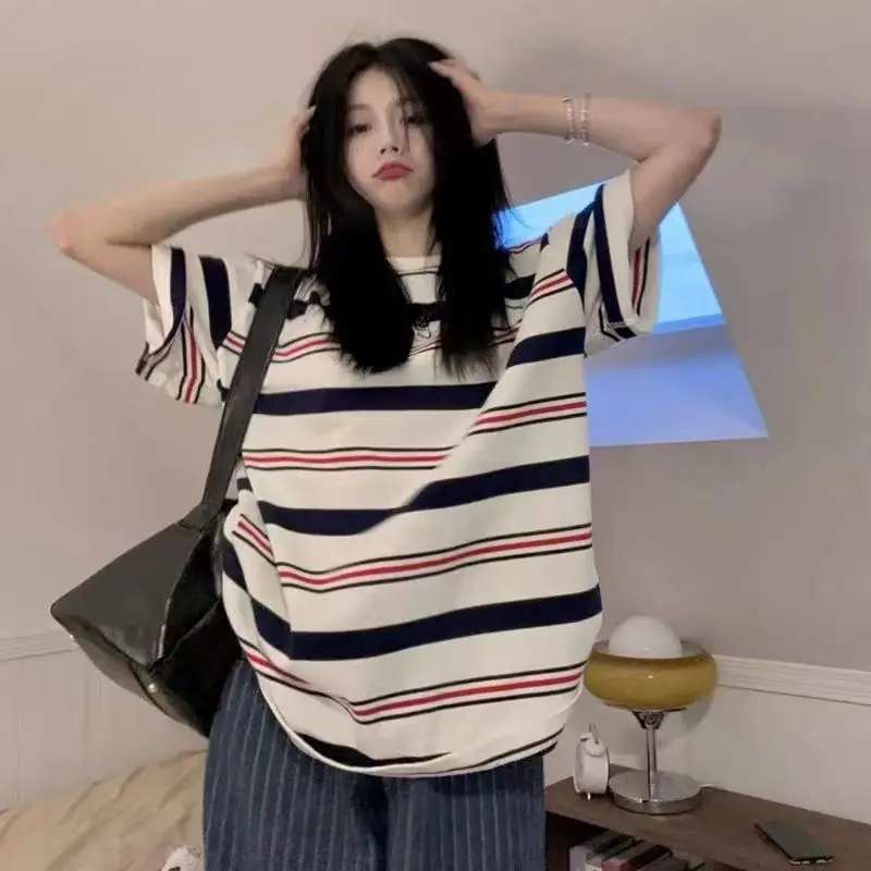 

Contrast striped short sleeved t shirt for women ins fashion versatile loose belly covering t shirt half sleeved top summer y2k