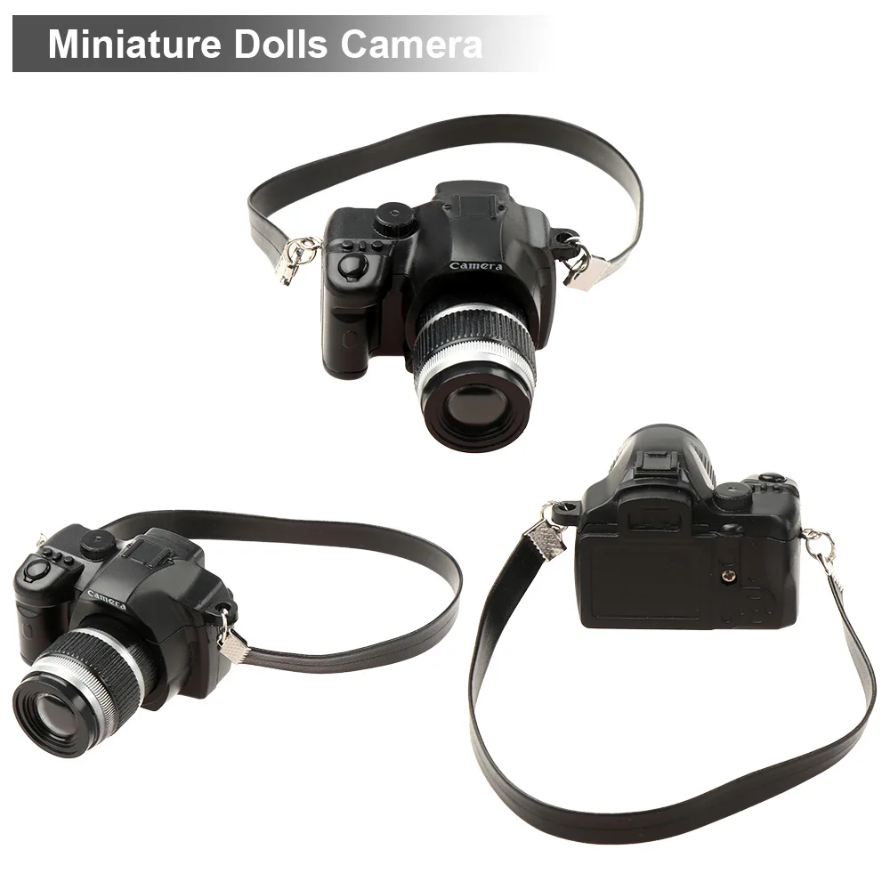 1:12 Scale Miniature Dolls Camera Mini SLR Digital Camera Model With Black Belt Shutter And Flash Dollhouse Accessories Kids Toy