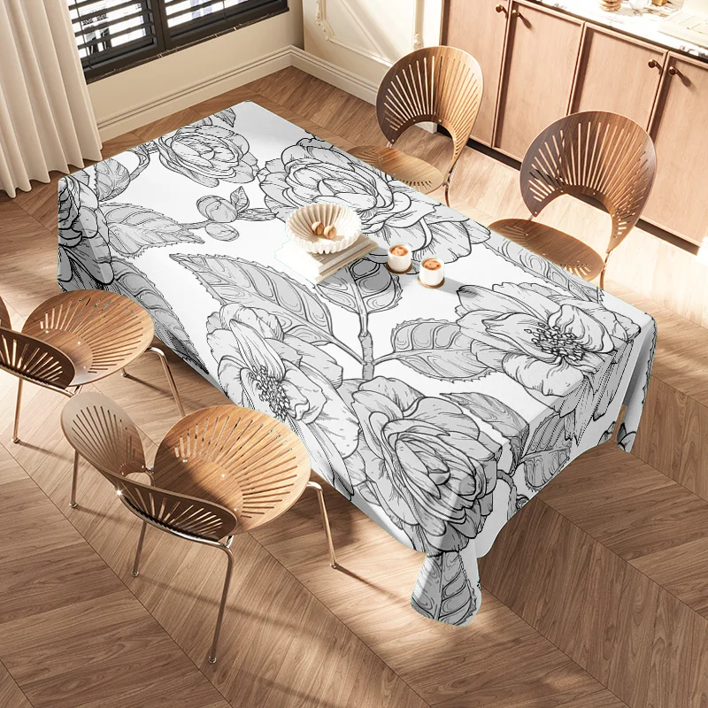 Hand-painted tablecloths with a pastoral style featuring elegant flowers in black and white for use on dining tables or kitchen