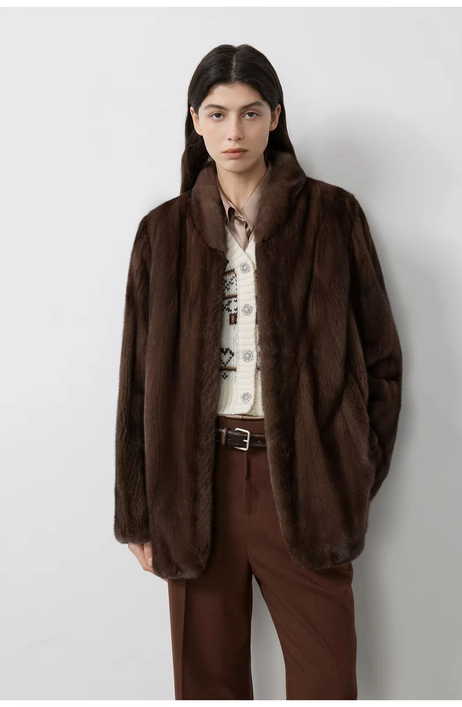 2026 Autumn Winter Women Faux Mink Fur Jacket Stand Collar Open Front Cropped Fluffy Coat with Pockets