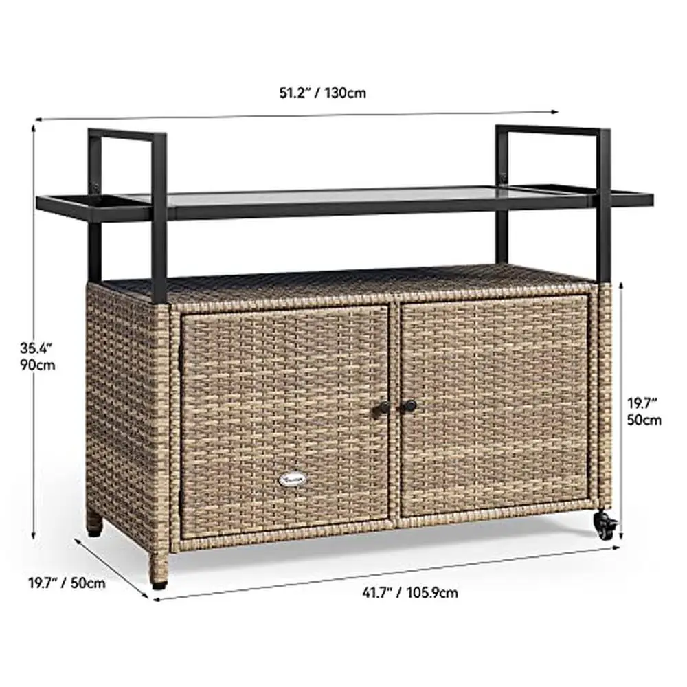 Outdoor Kitchen Wicker Island Rolling Cart & Bar Table with Glass Top BBQ Grille Serving Cart Patio Poolside Rust-Resistant