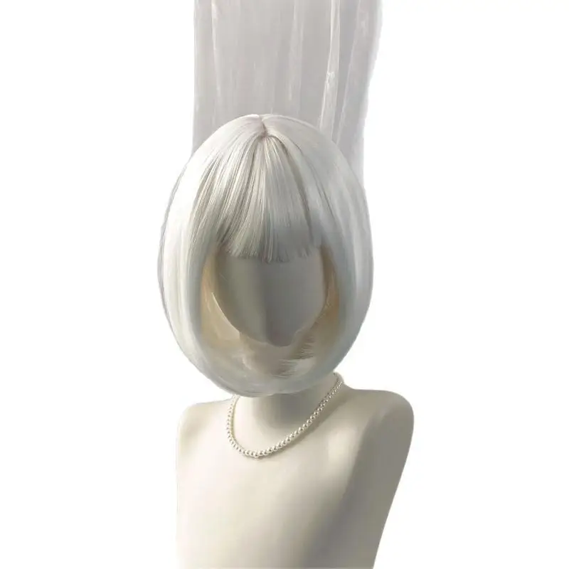 Women No Shedding White Short Bob Wig with Bangs Premium Synthetic Hair for Daily Party Cosplay Use