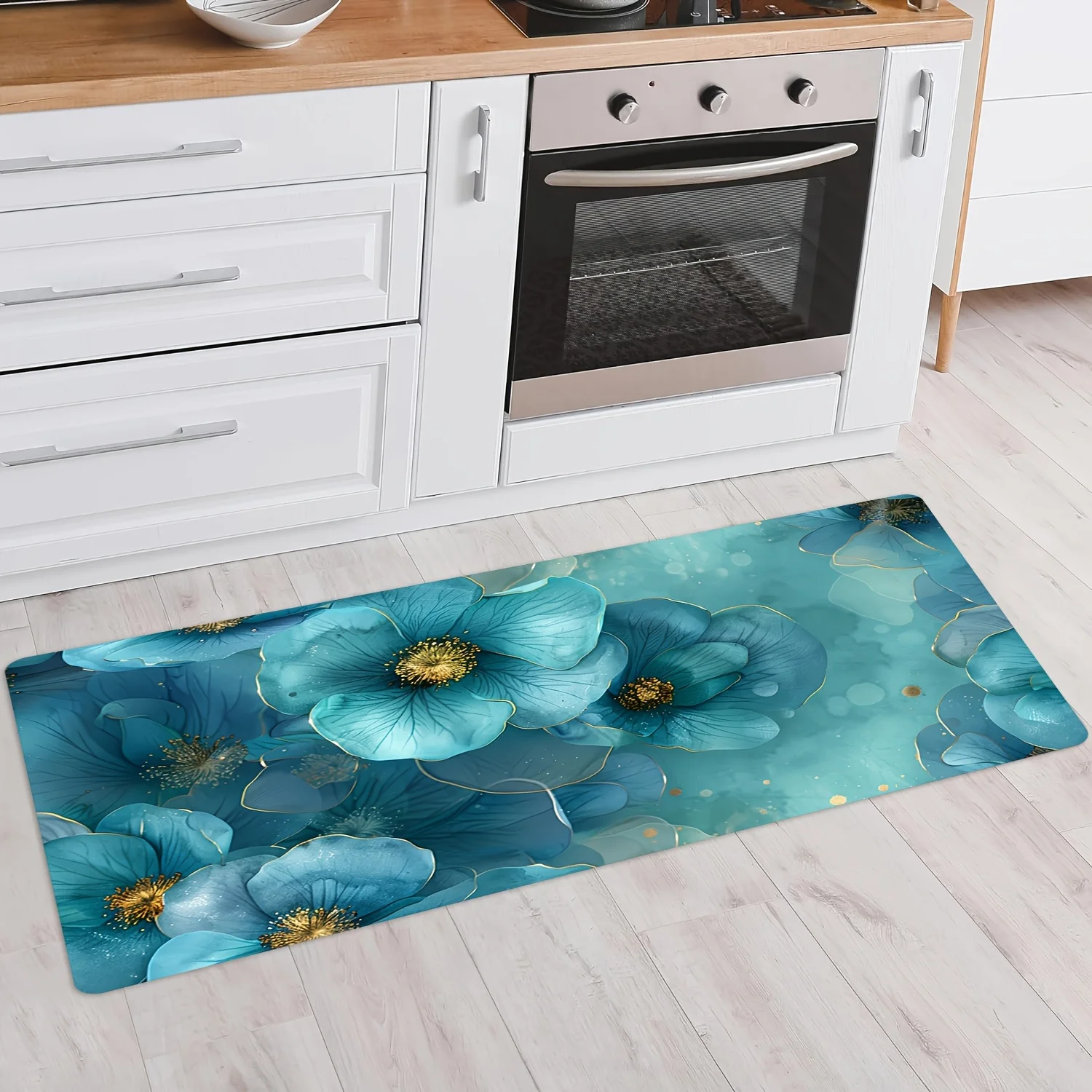 A Blue Flower Design with Golden Outlines And a Long Rectangular Mat for Laundry Rooms, Kitchens, And More. It'S Made of Soft