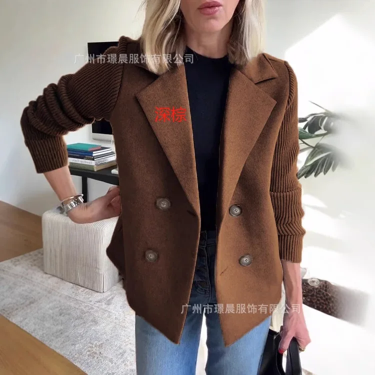 New Autumn and Winter Women's Jacket Long-sleeved Suit Collar Spliced cardigan Top Simple Fashion Casual Coat for Female