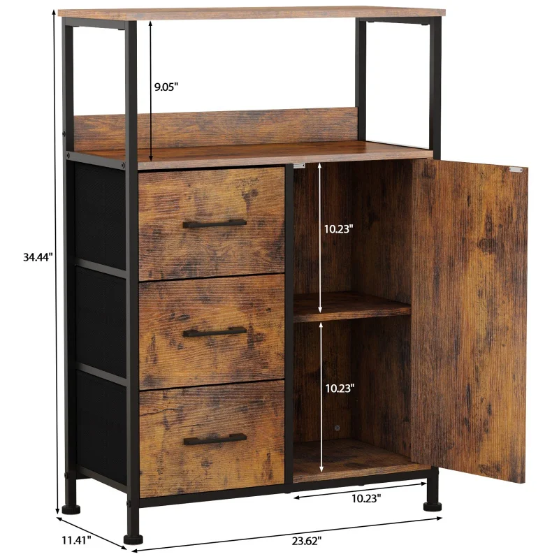 custom.Industrial Storage Cabinet 3 Drawers and Door 2 Tiers Shelves Wood Floor Cabinet with Sturdy Frame Bathroom,Entryway