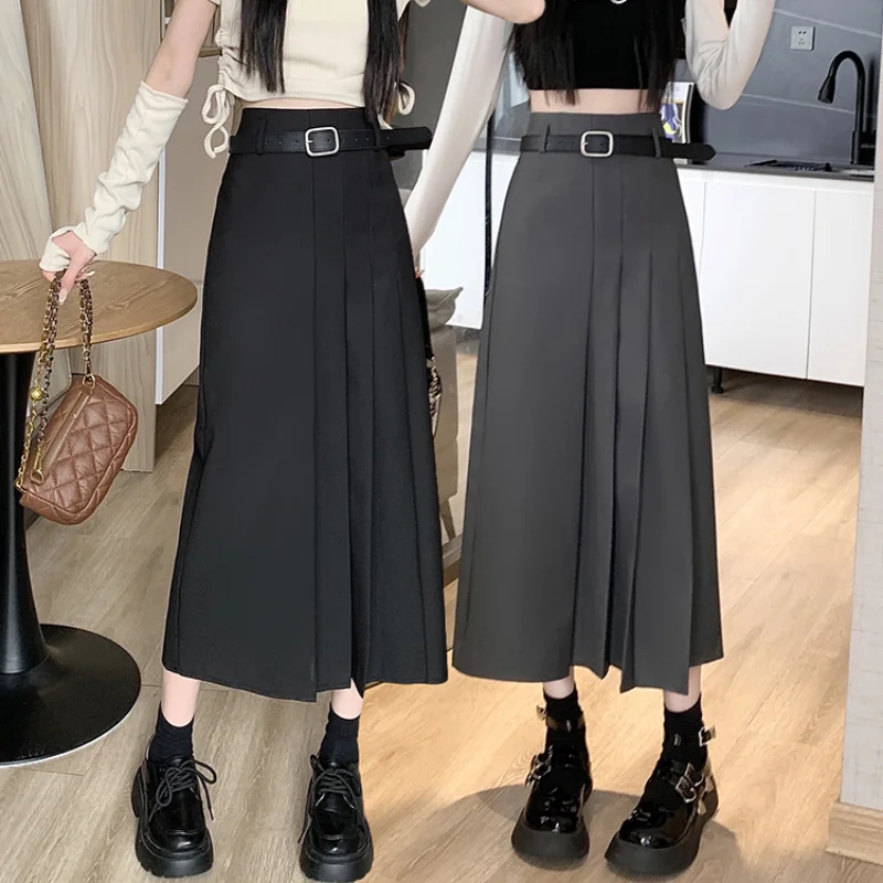 

Spring Autumn Fashion High Waist A-line Pleated Skirts Womens Black Casual Suit Skirt LadiesTtemperament A-line Long Skirts