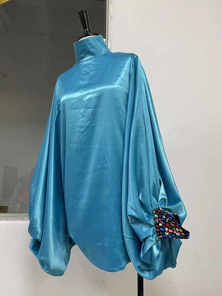 2025 Nieuwe Vintage Elegante Blauwe Feestjurk Losse Batwing Mouwen Dichtgeknoopt Effen Kleur Hoge Hals Mini Jurken Voor Vrouwen