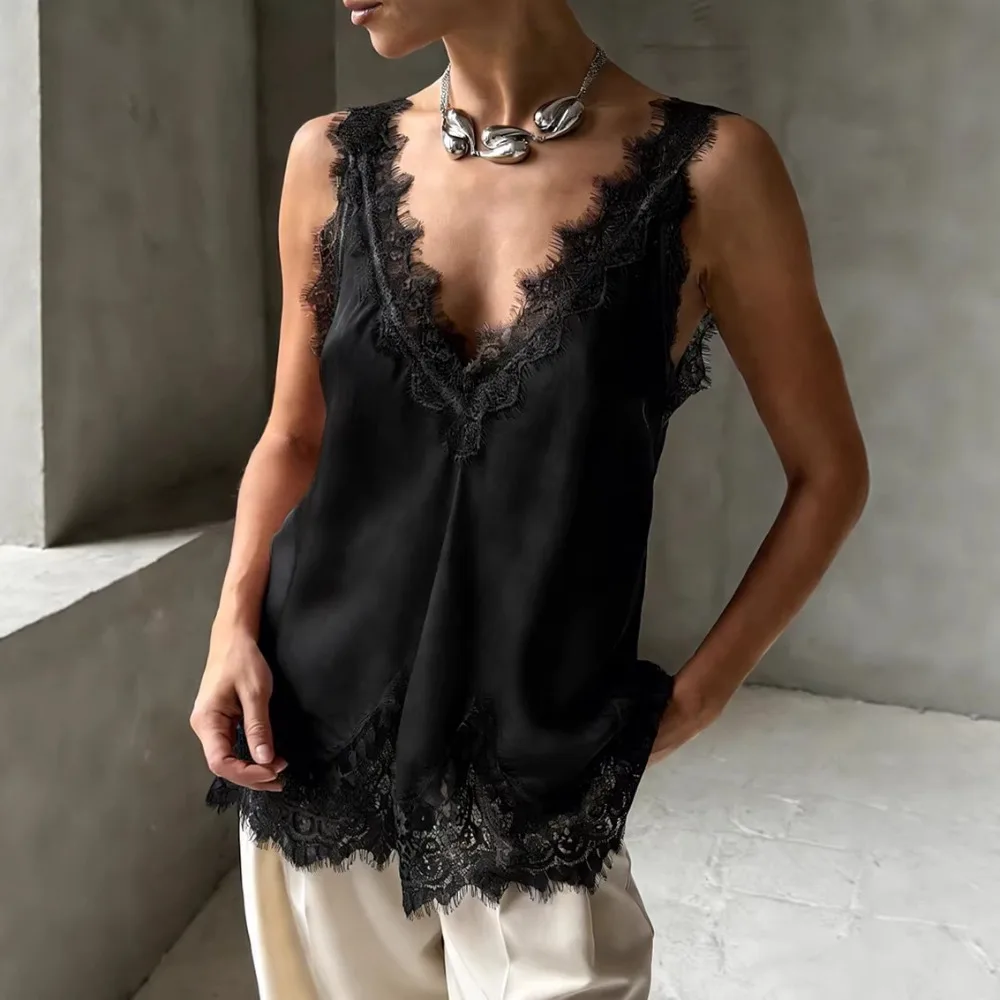 Women Spring Summer Lace Trim Sleeveless Top, Sexy Elegant Solid Tank T Shirt, Fashion Casual Slim Blouse for Women