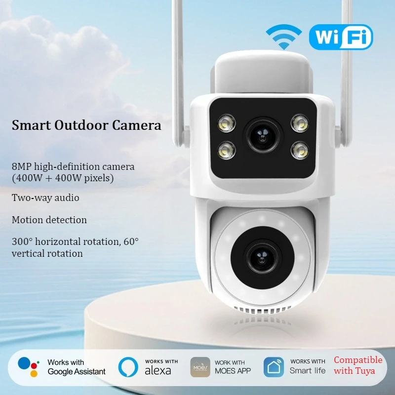WiFi6 PTZ Camera Compatible with Tuya, APP Remote Control, Night Vision, Two-Way Audio, Security Waterproof Outdoor Camera