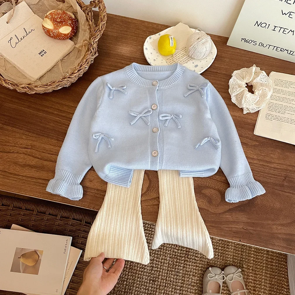 Childrens Clothing 2024 Autumn and Winter New Item Girls Bow Knit Cardigan Sweater Jacket Cute Baby Sweet Top Fashion