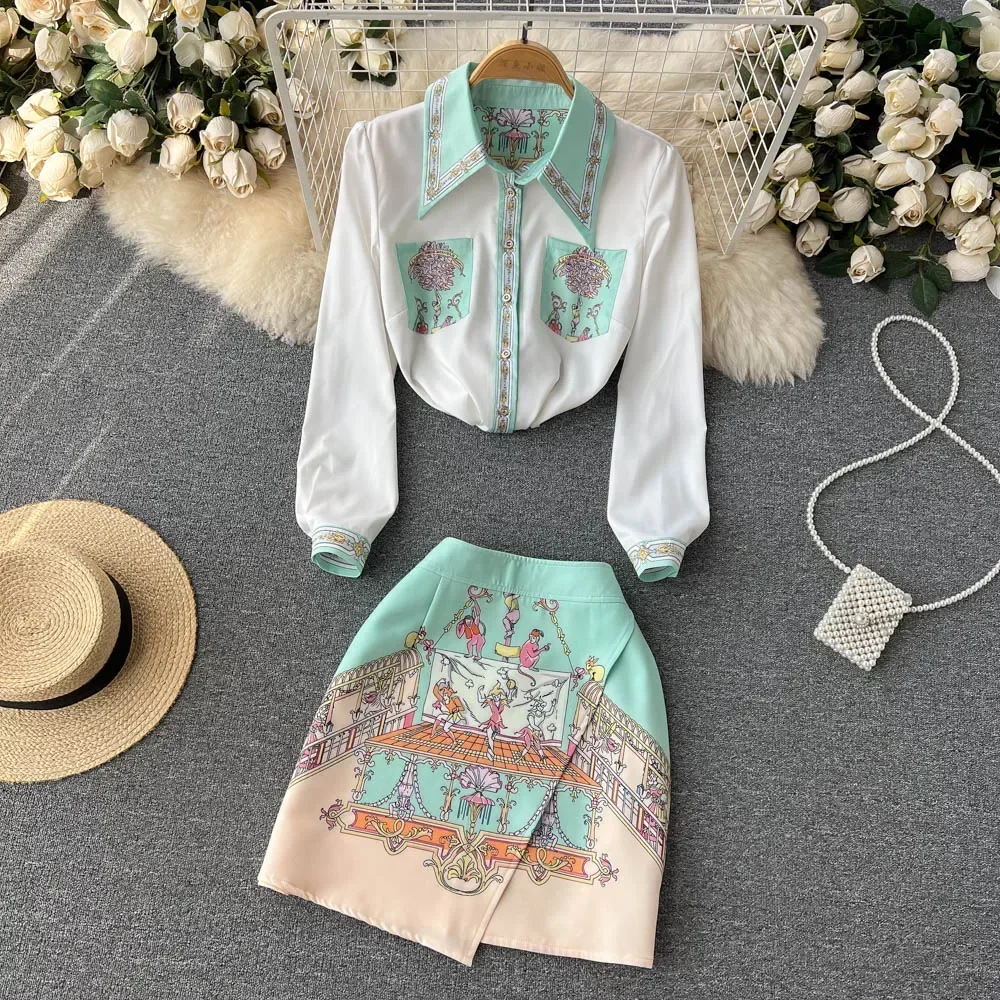 Conjunto de duas peças estampa floral manga longa feminina, camisa de chiffon com gola baixa, mini saia irregular, tops vintage, doce, verão, novo