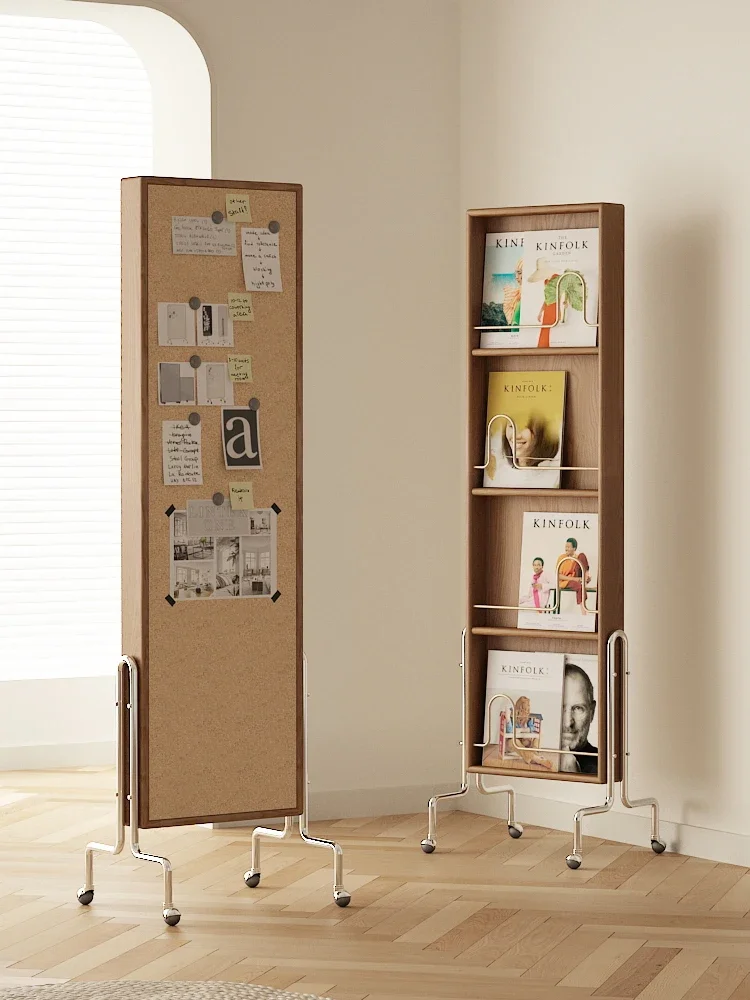 Turn around magazine rack retro movable magazine book display shelf with cork stainless steel pulley creative bookshelf.